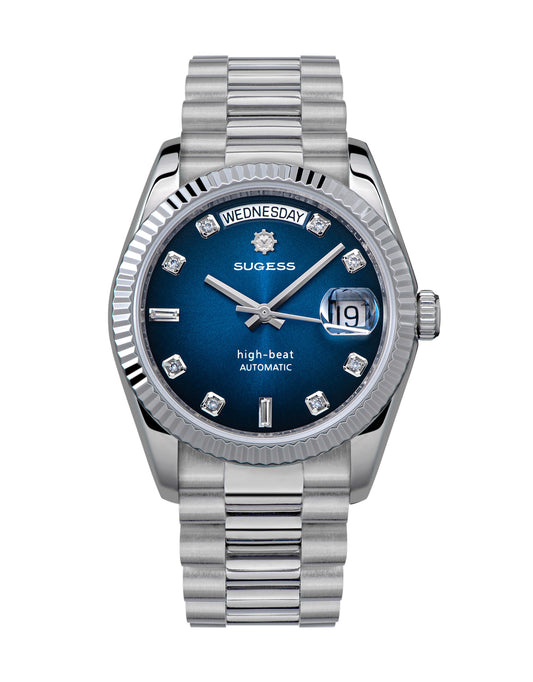 Sugess 449-DD36 S449.04 watch with blue dial, date and day indicators, automatic movement, sapphire crystal, and stainless steel band.