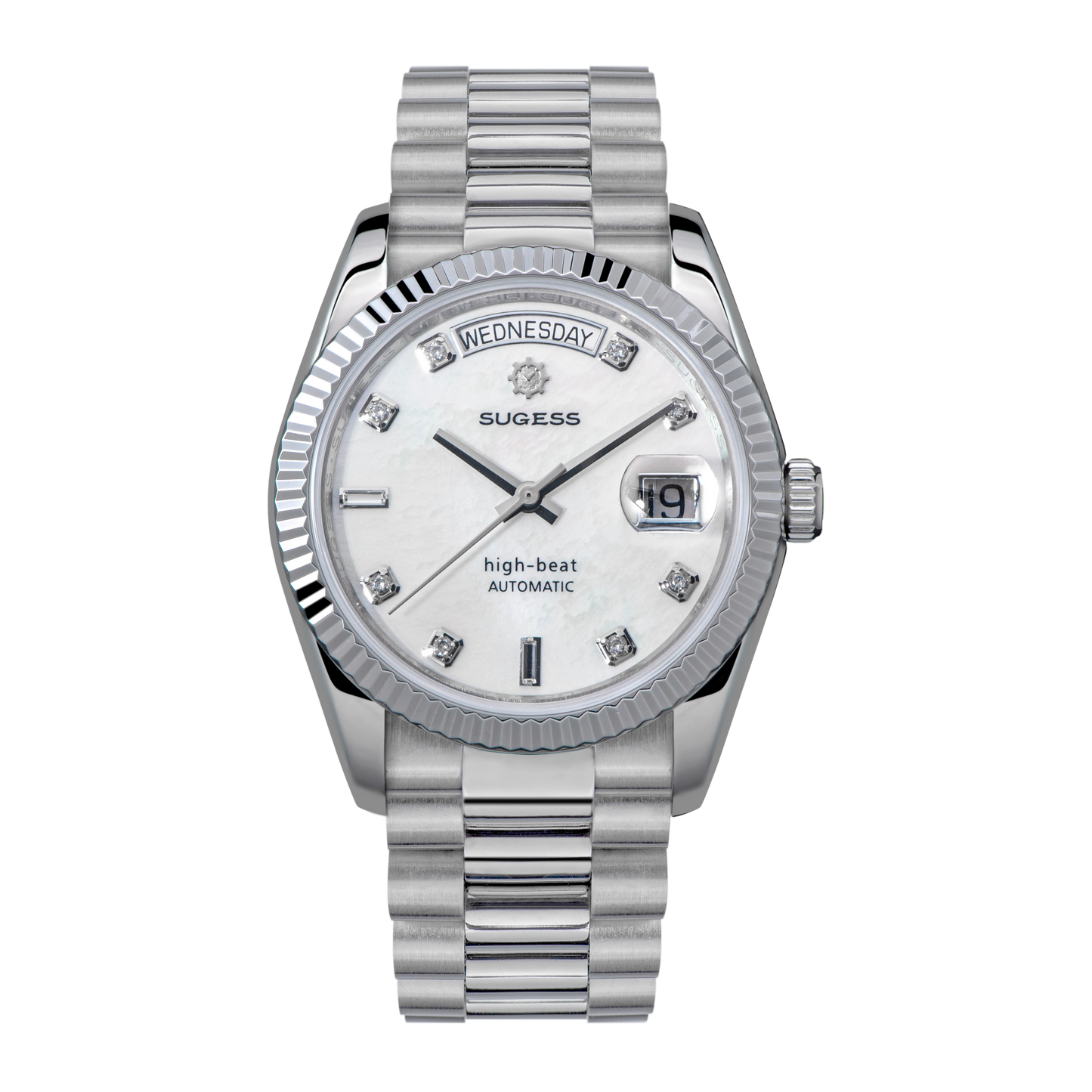 Sugess 449-DD36 S449.06 automatic watch with stainless steel band, sapphire crystal, 100m water resistance, and day-date indicator