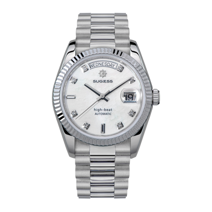 Sugess 449-DD36 S449.06 automatic watch with stainless steel band, sapphire crystal, 100m water resistance, and day-date indicator