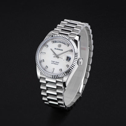 Sugess 449-DD36 S449.06 watch with stainless steel band, sapphire crystal, automatic movement, and date and day indicator, 100M water resistant.